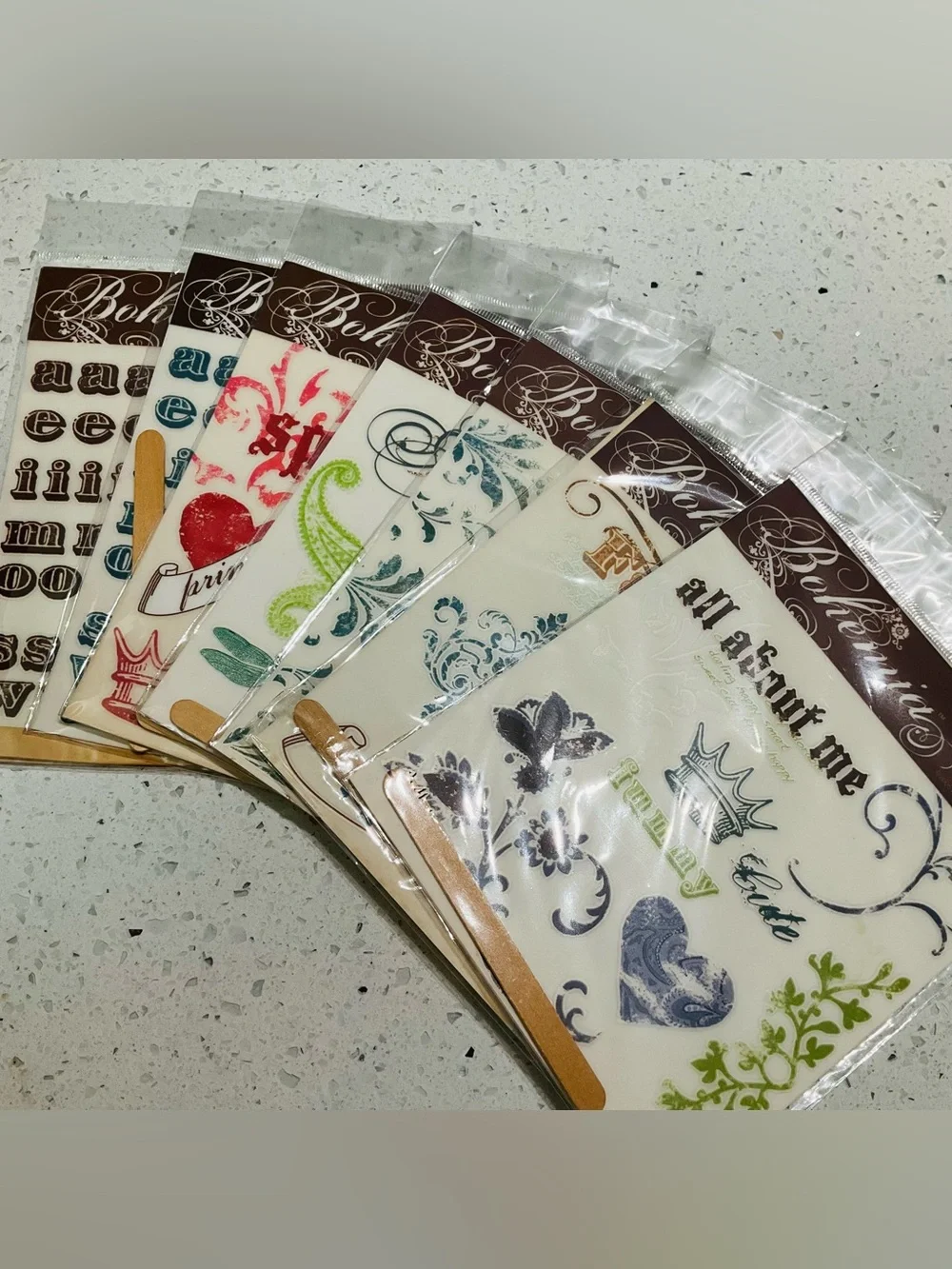 NIP 7pc Vintage 2006 My Minds Eye Bohemia Rub Ons Scrapbooking Paper Crafts DIY